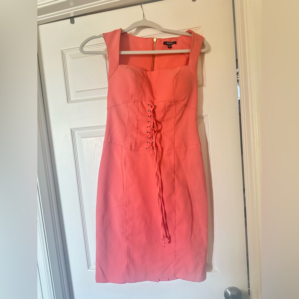 XOXO Coral Lace-Up Mini Dress